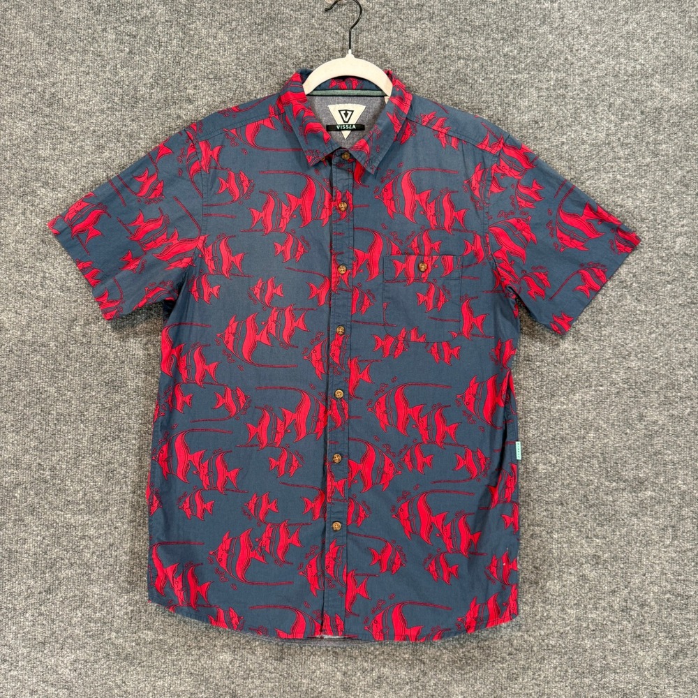 Vissla Button Up Shirt Men Medium Blue Red Fish Print Short Sleeve Surf Hawaiian